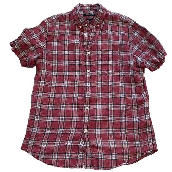 Banana Republic Camden Standard Fit Red Plaid Button Up Linen Shirt, M - Picture 9 of 12